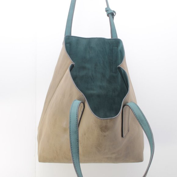 Reversable Beach Bag Shopping Tote Oversize Purse + Small Bag Blue-Green/Tan - Picture 8 of 16